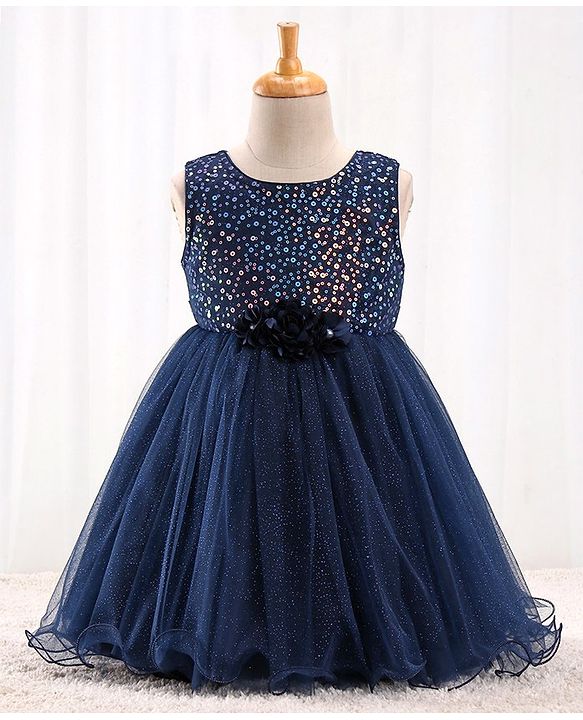 Babyhug Sleeveless Sequinned Party Frock With Floral Corsage- Navy Blue