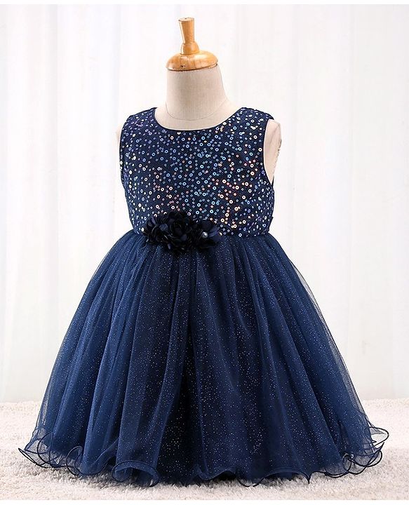 Babyhug Sleeveless Sequinned Party Frock With Floral Corsage- Navy Blue