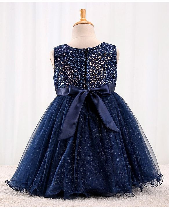 Babyhug Sleeveless Sequinned Party Frock With Floral Corsage- Navy Blue