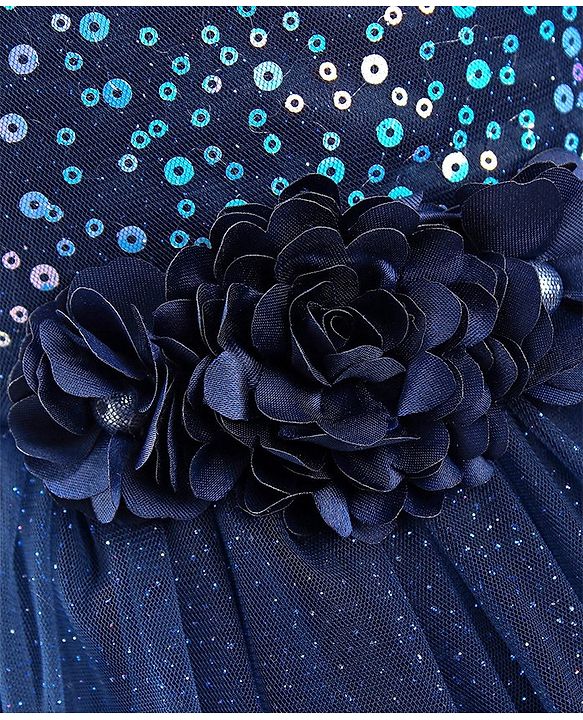 Babyhug Sleeveless Sequinned Party Frock With Floral Corsage- Navy Blue
