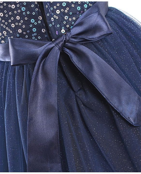 Babyhug Sleeveless Sequinned Party Frock With Floral Corsage- Navy Blue
