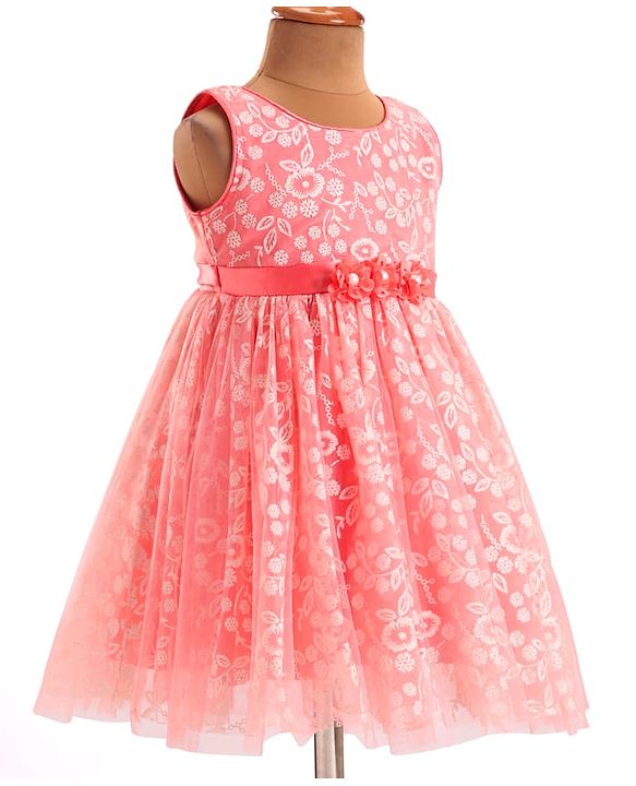 Babyhug Sleeveless Party Frock With Floral Foil Embroidery & Corsage- Peach