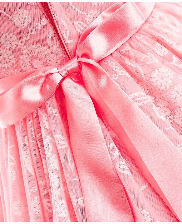 Babyhug Sleeveless Party Frock With Floral Foil Embroidery & Corsage- Peach