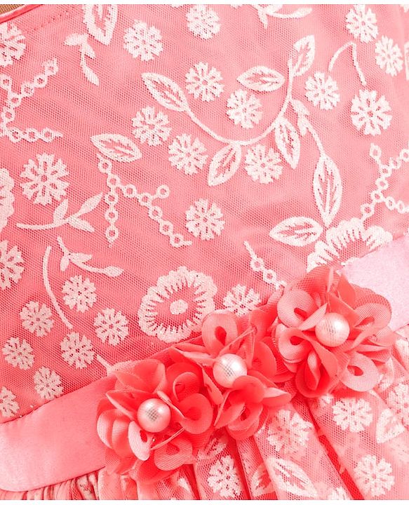 Babyhug Sleeveless Party Frock With Floral Foil Embroidery & Corsage- Peach