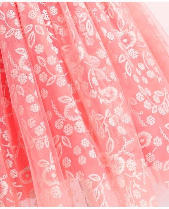 Babyhug Sleeveless Party Frock With Floral Foil Embroidery & Corsage- Peach
