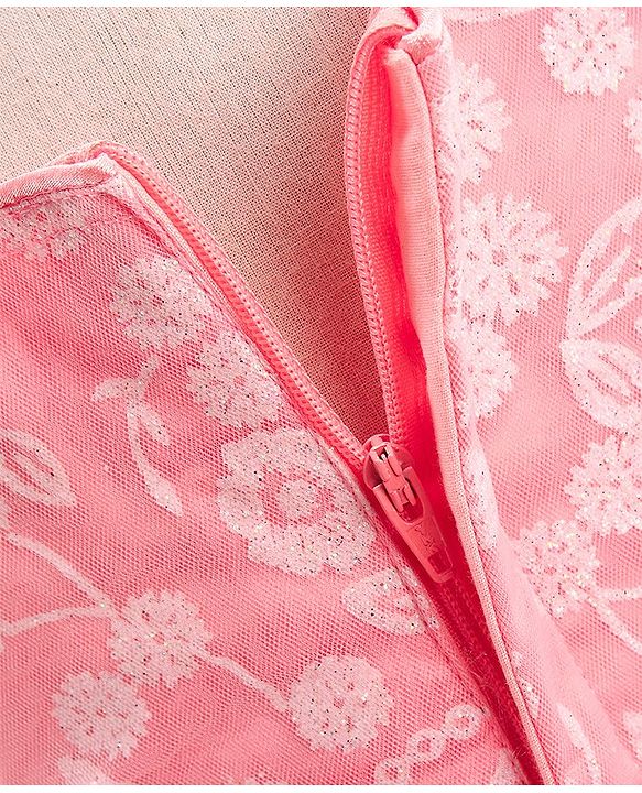 Babyhug Sleeveless Party Frock With Floral Foil Embroidery & Corsage- Peach