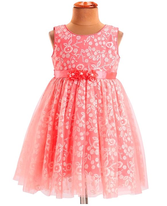 Babyhug Sleeveless Party Frock With Floral Foil Embroidery & Corsage- Peach
