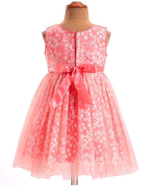 Babyhug Sleeveless Party Frock With Floral Foil Embroidery & Corsage- Peach