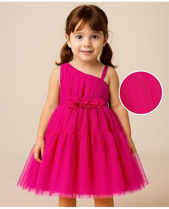 Babyhug Mesh Sleeveless Solid Party Frock With Floral Corsage- Hot Pink