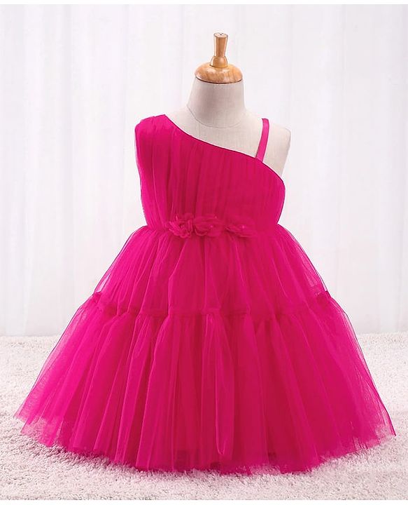 Babyhug Mesh Sleeveless Solid Party Frock With Floral Corsage- Hot Pink