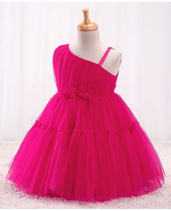 Babyhug Mesh Sleeveless Solid Party Frock With Floral Corsage- Hot Pink