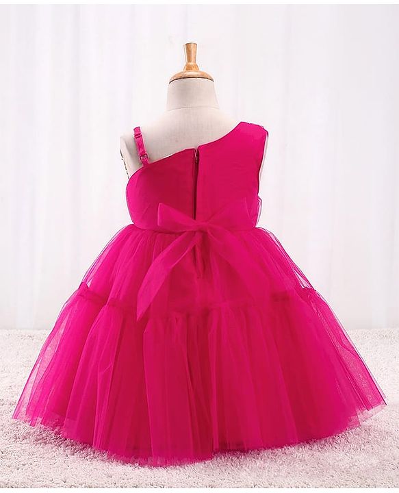 Babyhug Mesh Sleeveless Solid Party Frock With Floral Corsage- Hot Pink