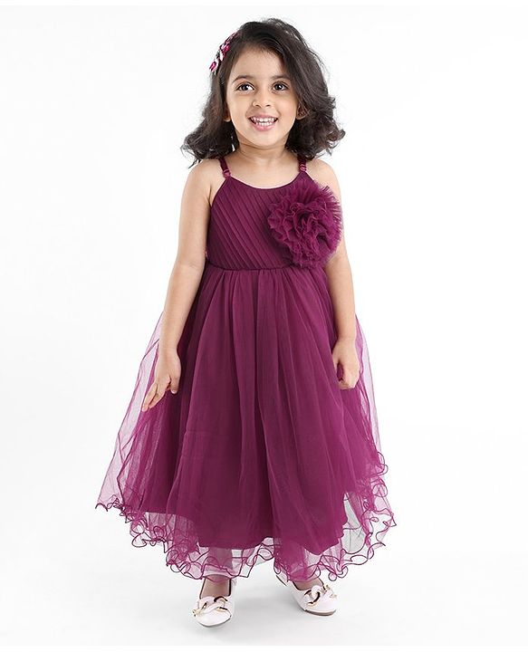 Babyhug Woven Singlet Sleeves Mesh Party Dress with Floral Corsage - Aubergine