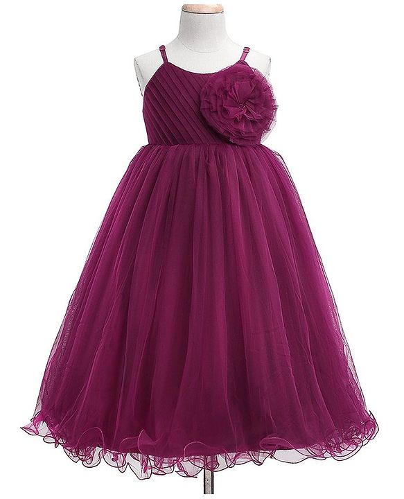 Babyhug Woven Singlet Sleeves Mesh Party Dress with Floral Corsage - Aubergine