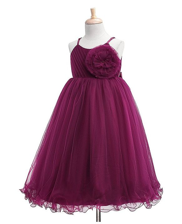 Babyhug Woven Singlet Sleeves Mesh Party Dress with Floral Corsage - Aubergine