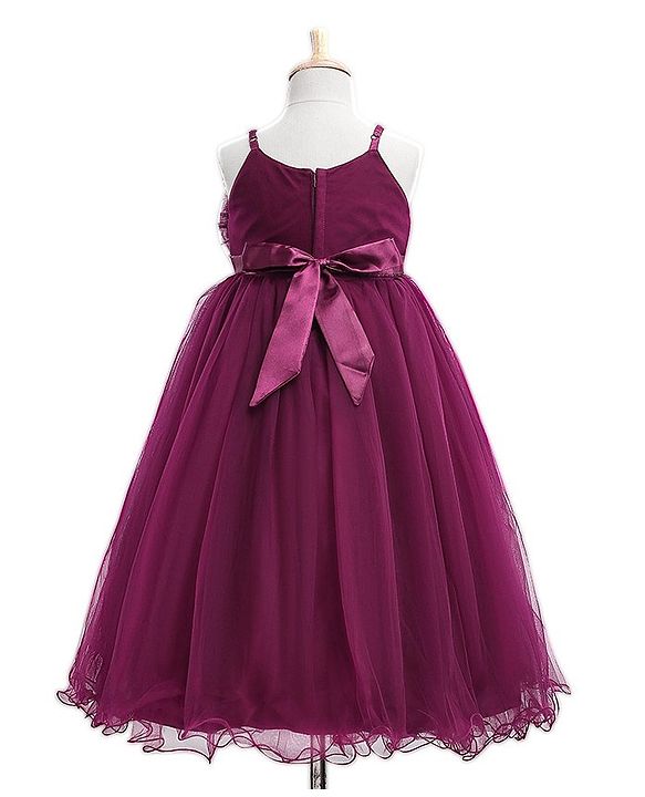 Babyhug Woven Singlet Sleeves Mesh Party Dress with Floral Corsage - Aubergine