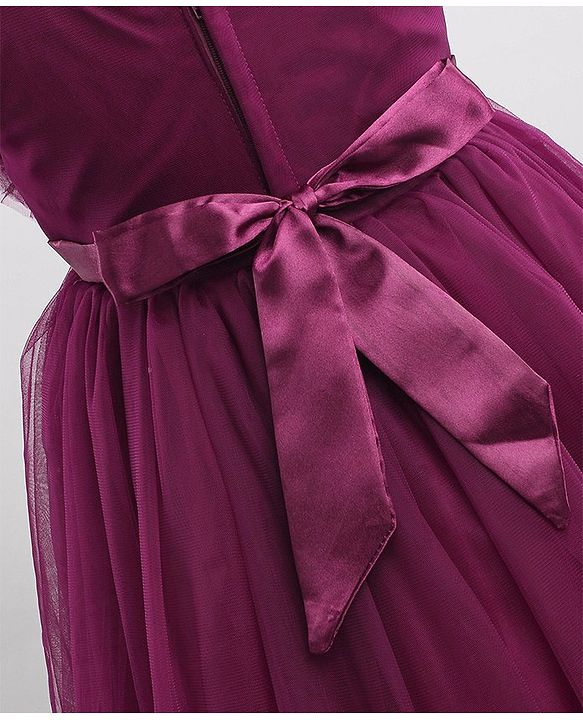 Babyhug Woven Singlet Sleeves Mesh Party Dress with Floral Corsage - Aubergine