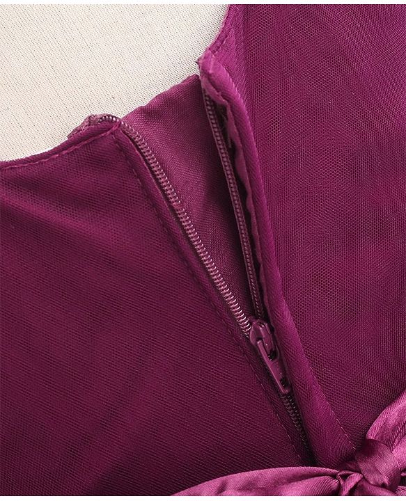 Babyhug Woven Singlet Sleeves Mesh Party Dress with Floral Corsage - Aubergine