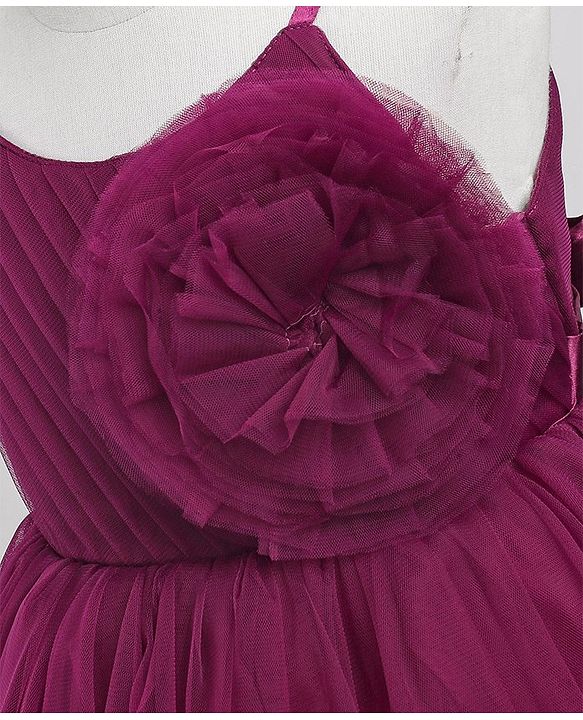 Babyhug Woven Singlet Sleeves Mesh Party Dress with Floral Corsage - Aubergine