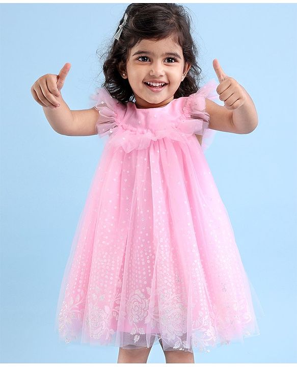Babyhug Sleeveless Party Frock With Floral Embroidery & Glitter Gel Print- Pink