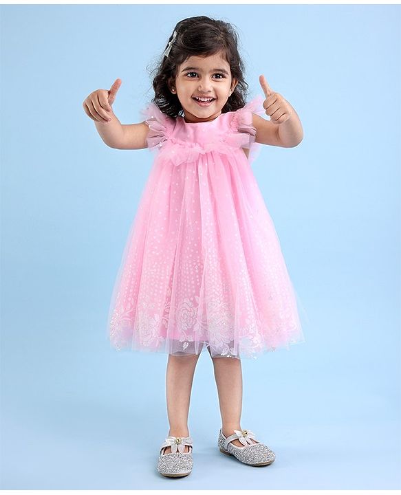 Babyhug Sleeveless Party Frock With Floral Embroidery & Glitter Gel Print- Pink