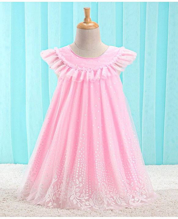 Babyhug Sleeveless Party Frock With Floral Embroidery & Glitter Gel Print- Pink