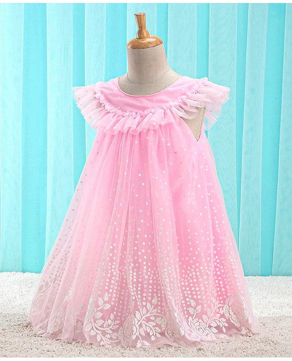 Babyhug Sleeveless Party Frock With Floral Embroidery & Glitter Gel Print- Pink