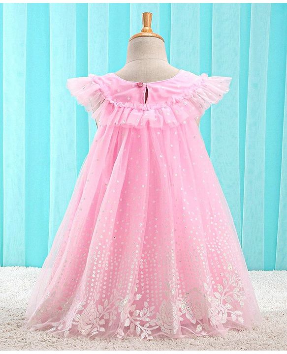 Babyhug Sleeveless Party Frock With Floral Embroidery & Glitter Gel Print- Pink