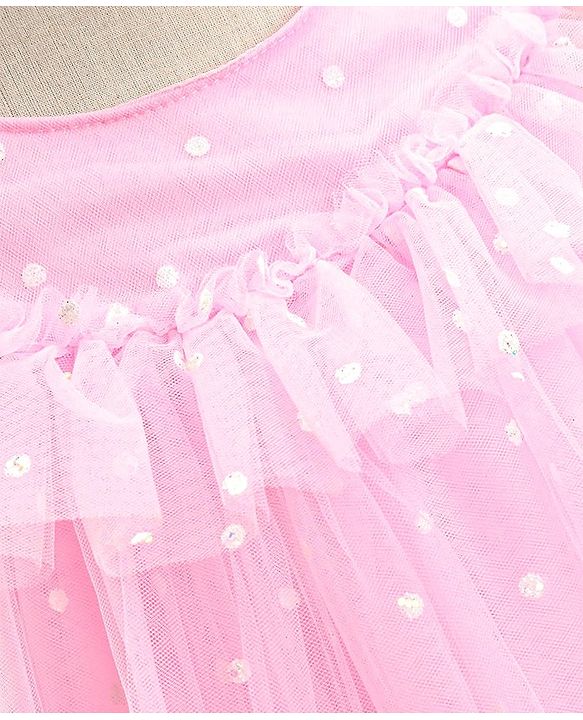 Babyhug Sleeveless Party Frock With Floral Embroidery & Glitter Gel Print- Pink