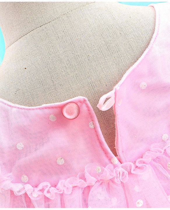 Babyhug Sleeveless Party Frock With Floral Embroidery & Glitter Gel Print- Pink