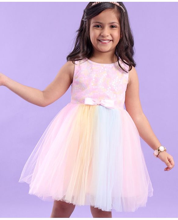 Babyhug Sleeveless Party Dress with Floral Sequins & Bow Corsage - Pink & Yellow