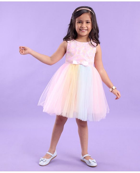 Babyhug Sleeveless Party Dress with Floral Sequins & Bow Corsage - Pink & Yellow