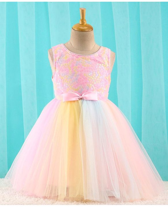 Babyhug Sleeveless Party Dress with Floral Sequins & Bow Corsage - Pink & Yellow