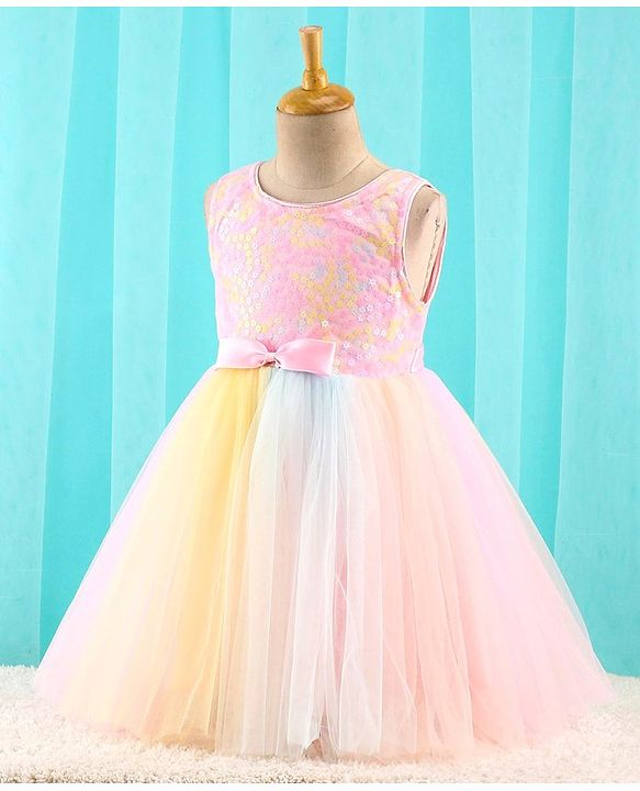 Babyhug Sleeveless Party Dress with Floral Sequins & Bow Corsage - Pink & Yellow