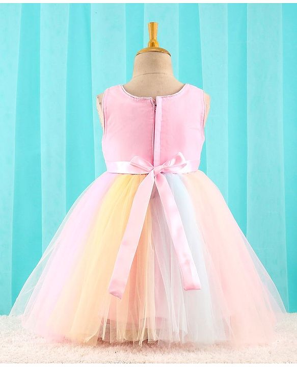 Babyhug Sleeveless Party Dress with Floral Sequins & Bow Corsage - Pink & Yellow