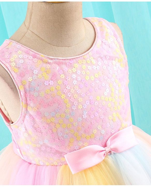Babyhug Sleeveless Party Dress with Floral Sequins & Bow Corsage - Pink & Yellow