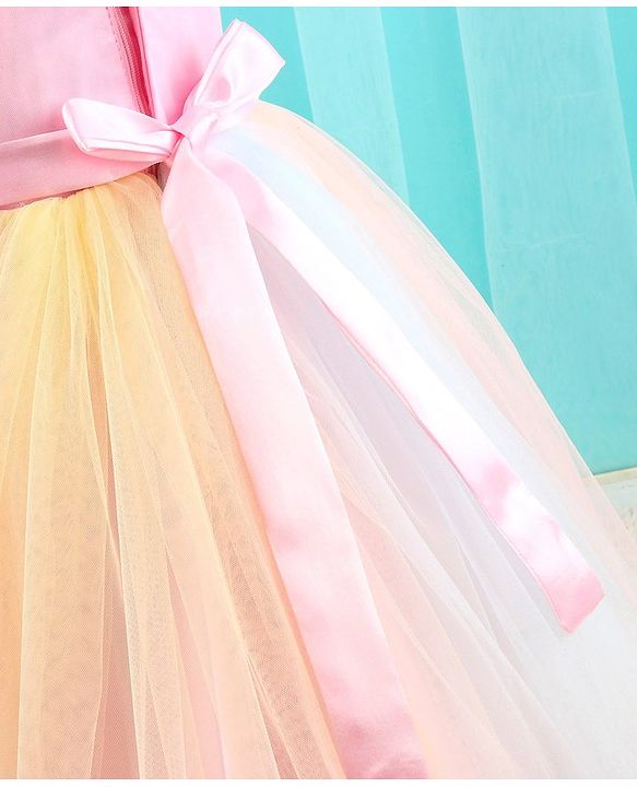 Babyhug Sleeveless Party Dress with Floral Sequins & Bow Corsage - Pink & Yellow