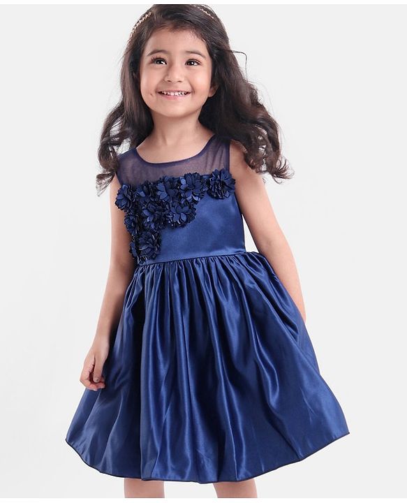 Babyhug Sleeveless Satin Party Dress with Floral Applique & Ribbon Detailing - Navy
