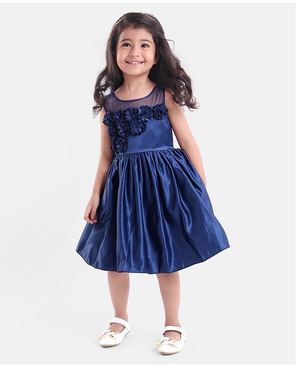 Babyhug Sleeveless Satin Party Dress with Floral Applique & Ribbon Detailing - Navy