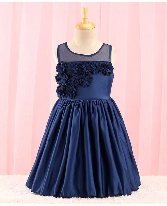 Babyhug Sleeveless Satin Party Dress with Floral Applique & Ribbon Detailing - Navy