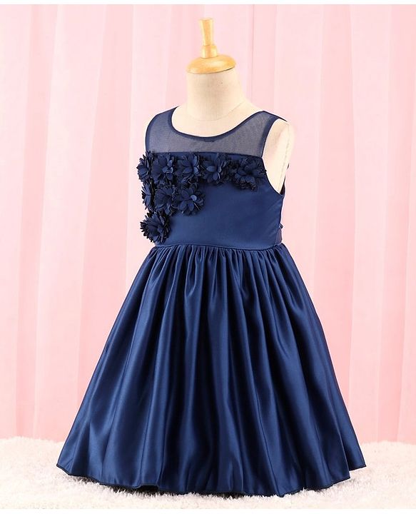Babyhug Sleeveless Satin Party Dress with Floral Applique & Ribbon Detailing - Navy