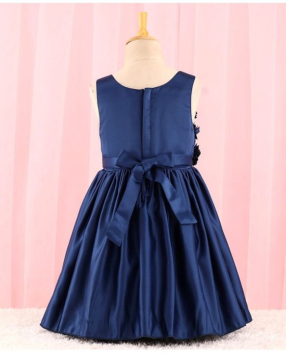 Babyhug Sleeveless Satin Party Dress with Floral Applique & Ribbon Detailing - Navy