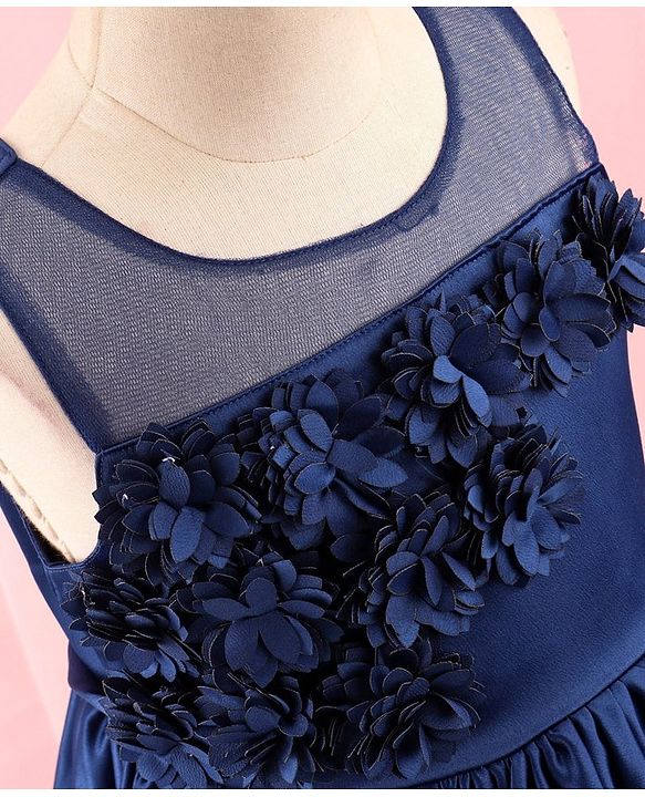 Babyhug Sleeveless Satin Party Dress with Floral Applique & Ribbon Detailing - Navy