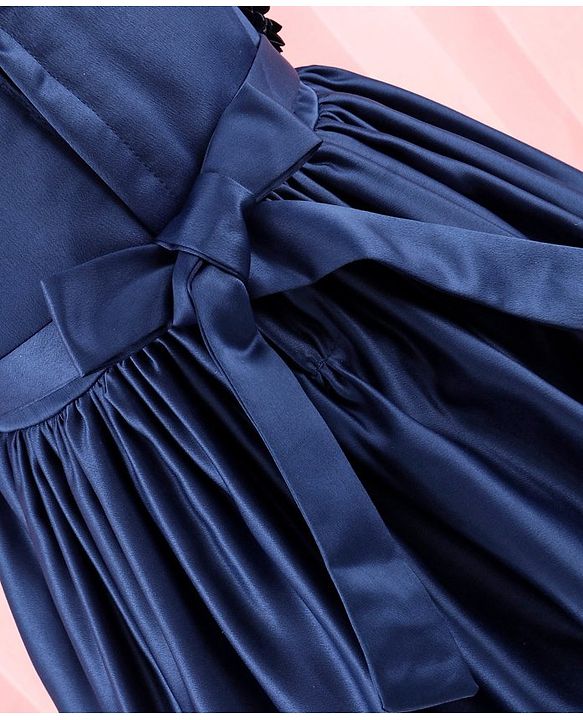 Babyhug Sleeveless Satin Party Dress with Floral Applique & Ribbon Detailing - Navy
