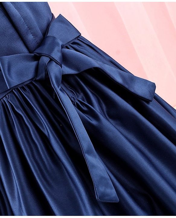 Babyhug Sleeveless Satin Party Dress with Floral Applique & Ribbon Detailing - Navy