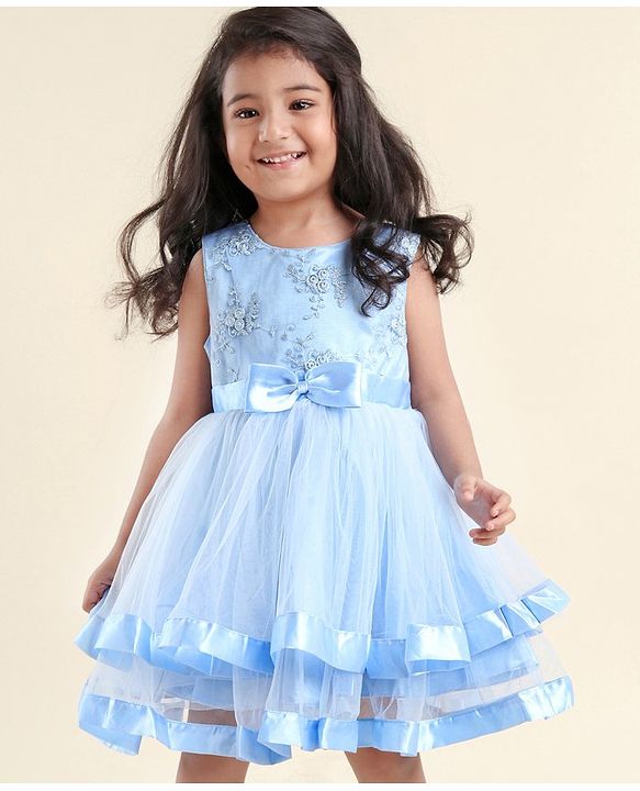 Babyhug Sleeveless Mesh Party Dress with Floral Embroidery & Bow Corsage - Blue