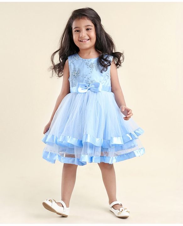 Babyhug Sleeveless Mesh Party Dress with Floral Embroidery & Bow Corsage - Blue
