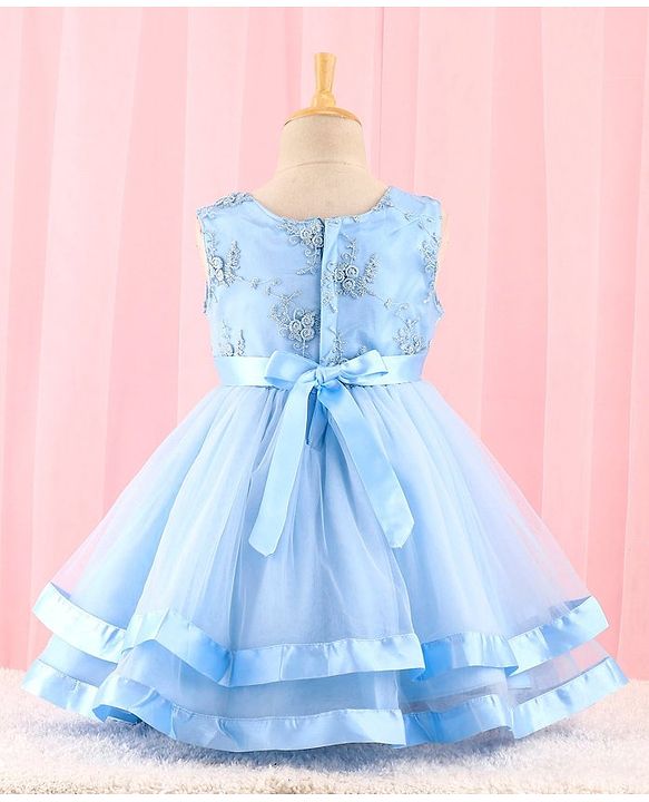 Babyhug Sleeveless Mesh Party Dress with Floral Embroidery & Bow Corsage - Blue