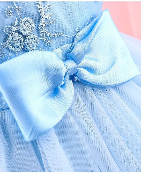 Babyhug Sleeveless Mesh Party Dress with Floral Embroidery & Bow Corsage - Blue