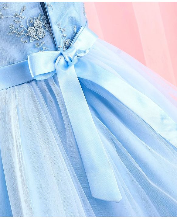 Babyhug Sleeveless Mesh Party Dress with Floral Embroidery & Bow Corsage - Blue